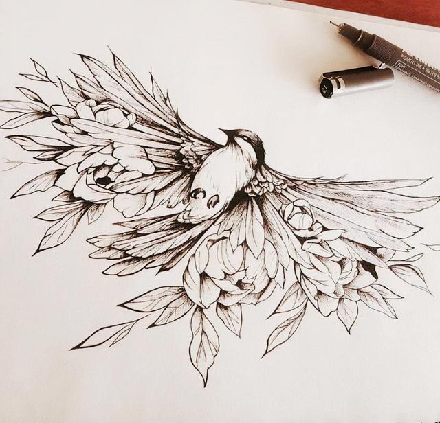花鸟纹身手稿图案